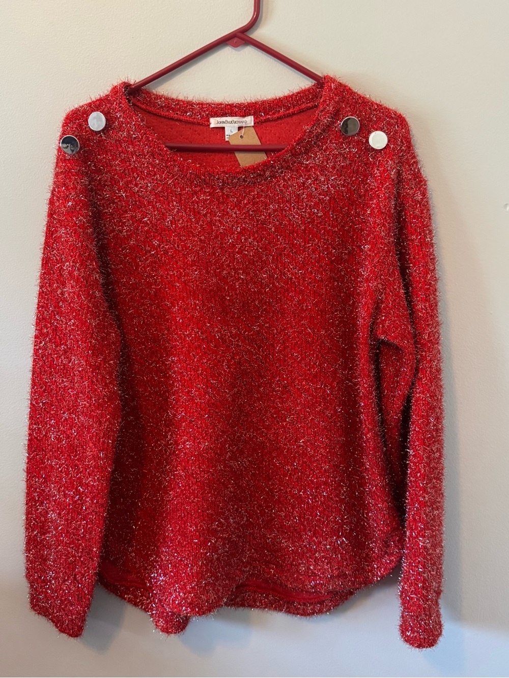 JohnPaulRichard Red Metallic Sparkle Crewneck Sweater with Button Shoulder
